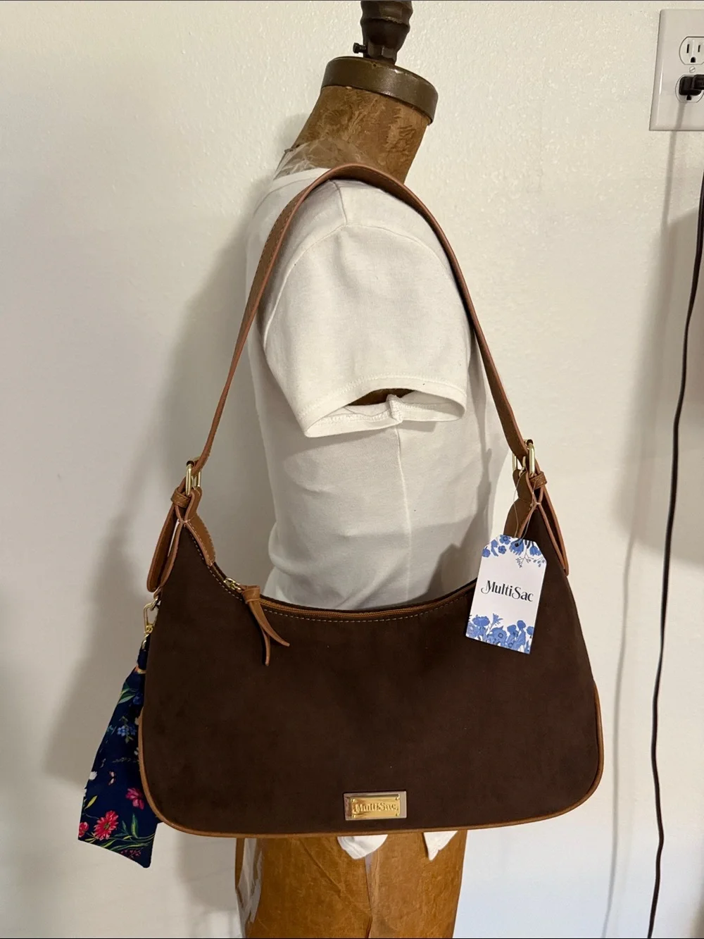 NWT Faux Brown Suede Hobo Shoulder Bag with Tan Trim